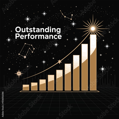 Outstanding performance bar chart illustrating growth and achievement with a starry night background in a vector of graphic design