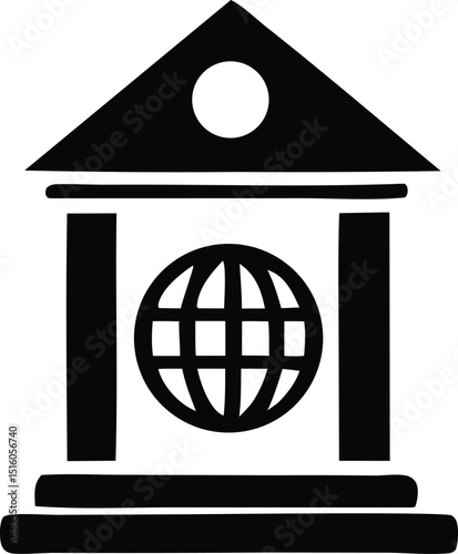 Global institution building icon black and white graphic design element