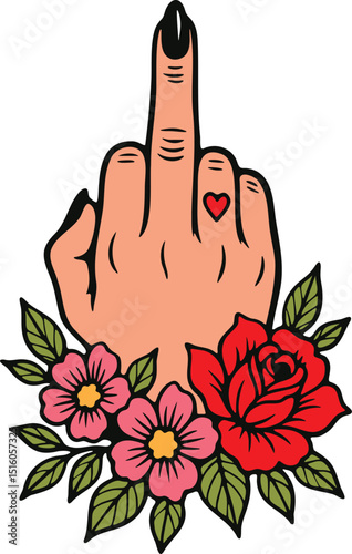 Middle Finger with Black Nail Polish and Heart Tattoo Surrounded by Flowers Illustration