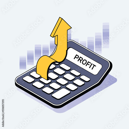 Isometric illustration of a calculator displaying the word profit with an upward arrow indicating profit growth on a financial graph in a business and finance context