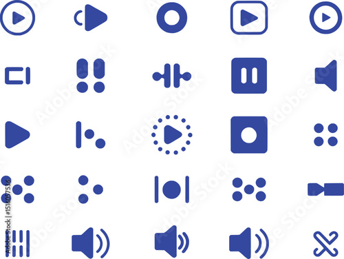 Collection of blue media player icons symbols