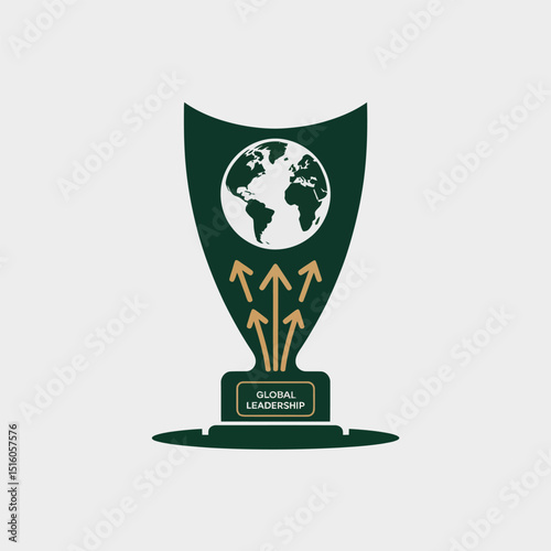 Vector graphic depicting global leadership symbolized by an award trophy incorporating a world map representing international success and influence in a professional context