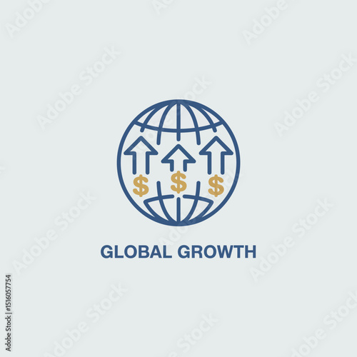 Financial growth concept showing global economic expansion with arrows dollar signs and a globe symbol against a plain white background suitable for business presentations and websites.