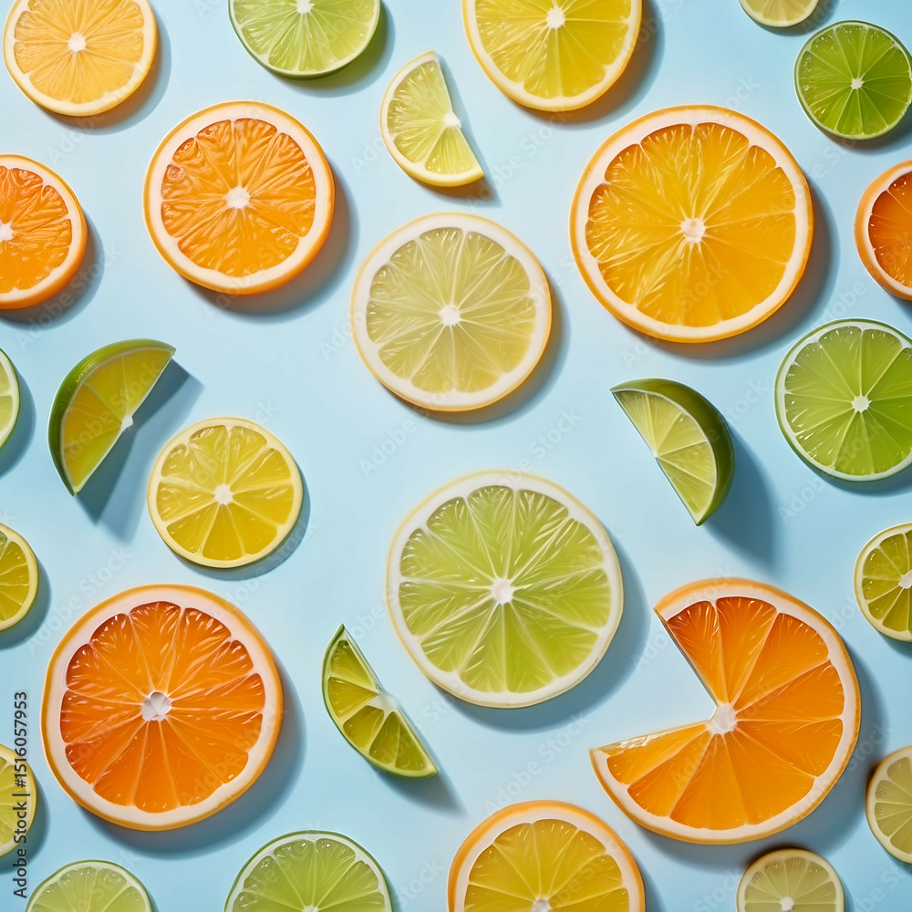 Obraz premium Floating citrus slices (orange, lemon, lime) evenly spaced on a light blue background with soft shadows.