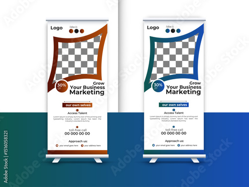 Corporate rollup banner template, advertisement, pull up, polygon background, vector illustration,