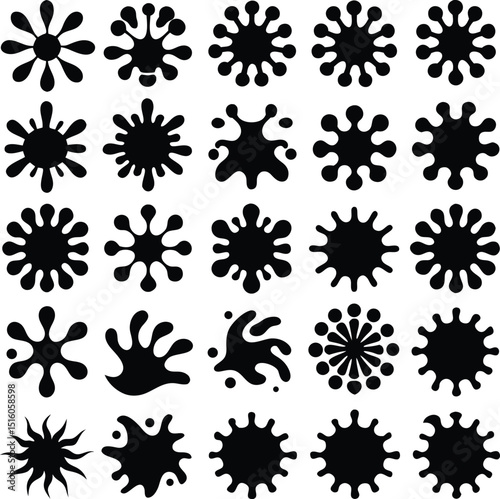Collection of twenty four diverse black ink splatter and circular designs