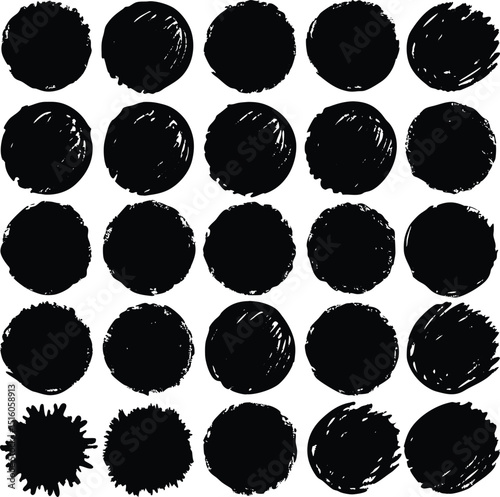 Collection of twenty four black ink circles and four irregular shapes on white background