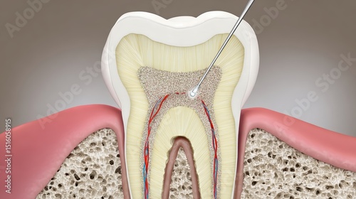 Detailed illustration reveals the inner architecture of a healthy tooth, showcasing enamel, dentin, pulp, nerves, and blood vessels beneath the surface and gums