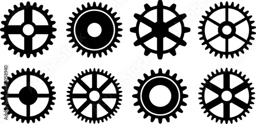 Eight black cogwheels gear set mechanical design