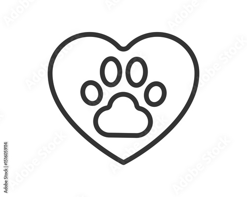 Heartwarming line art icon of a paw print nestled within a heart. Represents love for animals, adoption, veterinary services. Simple, graphic, and versatile design.