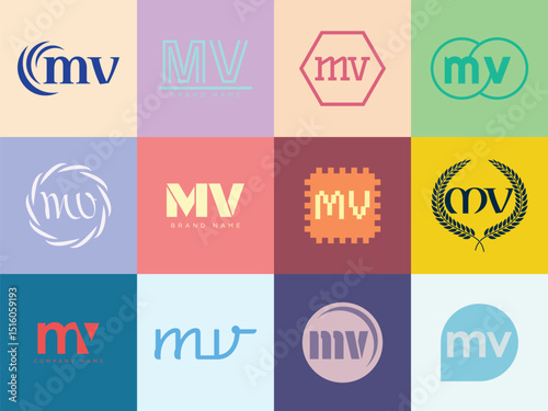 MV logo company template. Letter m and v logotype. Set different classic serif lettering and modern bold text with design elements. Initial font typography.