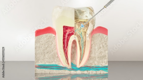 Detailed representation showcasing the internal structure of a human tooth, highlighting nerves and blood vessels. This visual aids in understanding dental anatomy and health