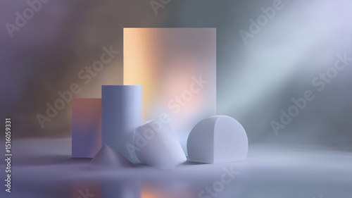Arrangement of matte geometric shapes including cylinders and cones on a surface