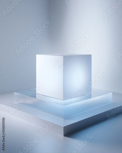 Innovative clean modular tech cube on frosted platform in modern space