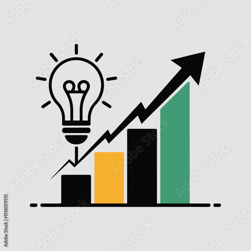 Business idea and growth represented by light bulb arrow and bar chart indicating progress and positive trends in finances and success