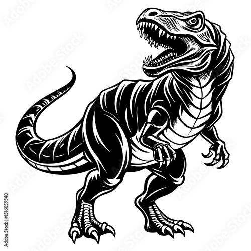 Roaring Tyrannosaurus Rex Line Art – Black and White Dinosaur Illustration for Coloring and Education.