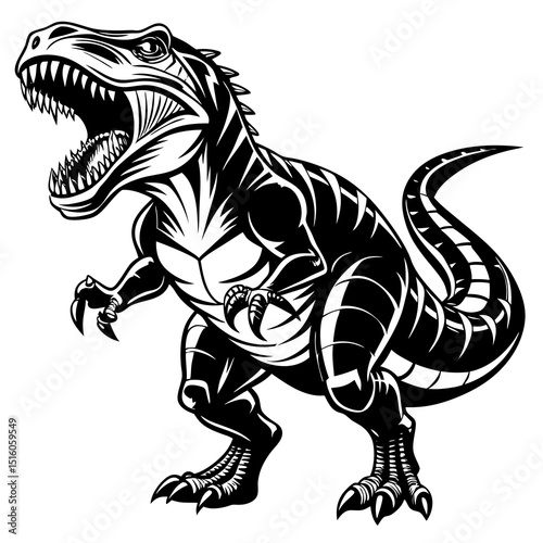 Roaring Tyrannosaurus Rex Line Art – Black and White Dinosaur Illustration for Coloring and Education.