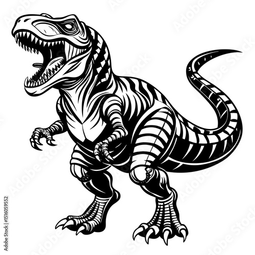 Roaring Tyrannosaurus Rex Line Art – Black and White Dinosaur Illustration for Coloring and Education.