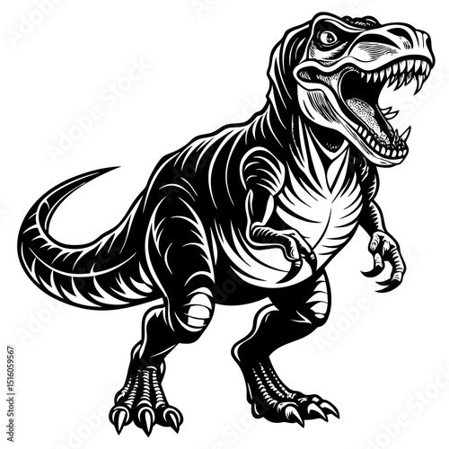 Roaring Tyrannosaurus Rex Line Art – Black and White Dinosaur Illustration for Coloring and Education.