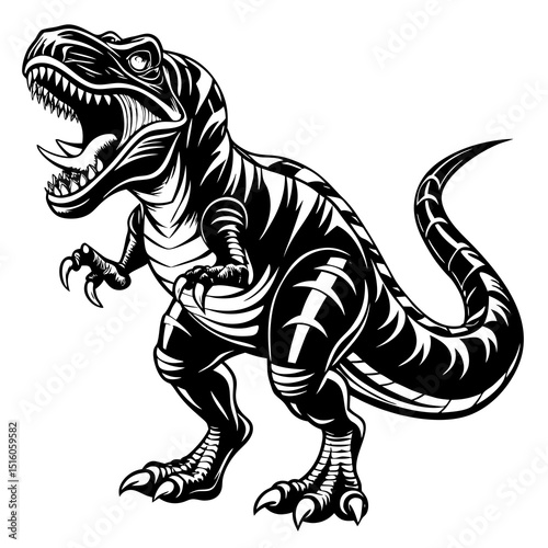 Roaring Tyrannosaurus Rex Line Art – Black and White Dinosaur Illustration for Coloring and Education.