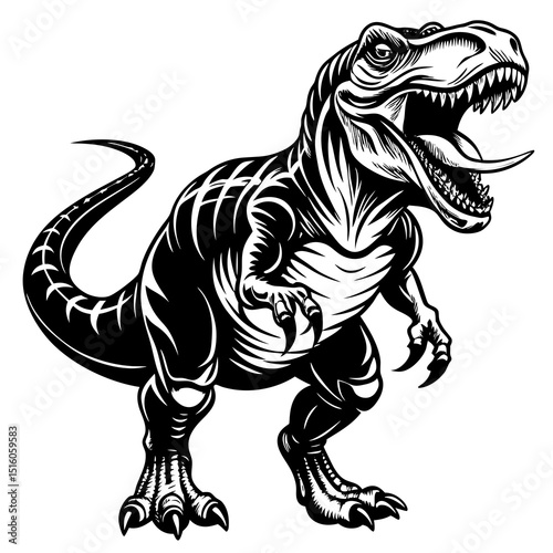 Roaring Tyrannosaurus Rex Line Art – Black and White Dinosaur Illustration for Coloring and Education.