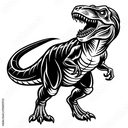 Roaring Tyrannosaurus Rex Line Art – Black and White Dinosaur Illustration for Coloring and Education.