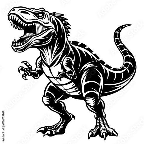 Roaring Tyrannosaurus Rex Line Art – Black and White Dinosaur Illustration for Coloring and Education.
