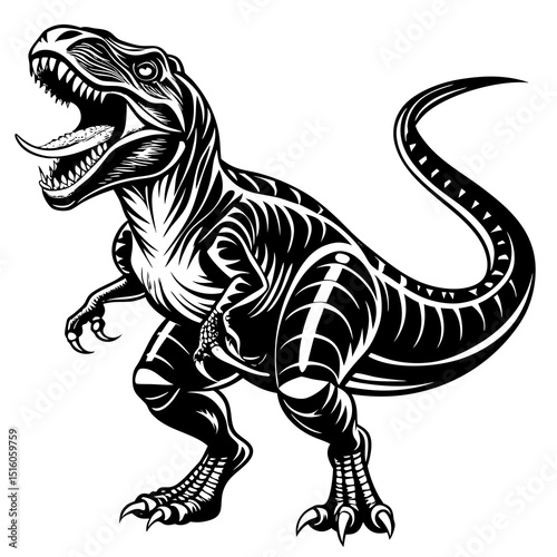 Roaring Tyrannosaurus Rex Line Art – Black and White Dinosaur Illustration for Coloring and Education.