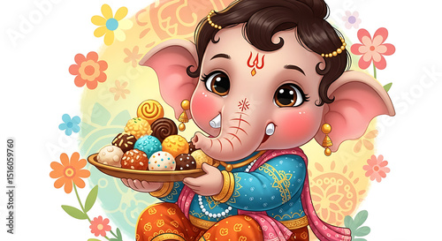 Cute Baby Ganesha Holding Sweets – Colorful Festival Illustration