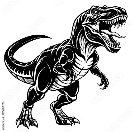 Roaring Tyrannosaurus Rex Line Art – Black and White Dinosaur Illustration for Coloring and Education.