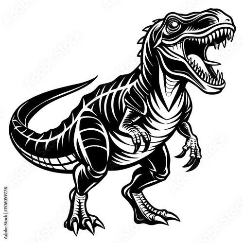 Roaring Tyrannosaurus Rex Line Art – Black and White Dinosaur Illustration for Coloring and Education.