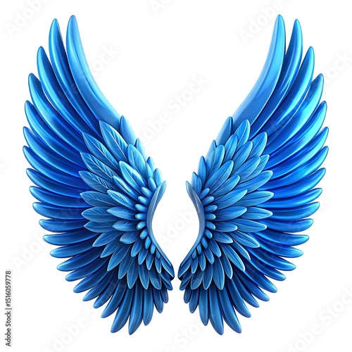 Elegant pair of blue angel wings isolated on white background, showcasing intricate feather details and a sense of freedom and ethereal beauty