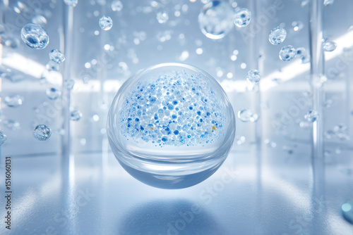 Transparent cosmetic container filled with blue microbeads suspended in liquid