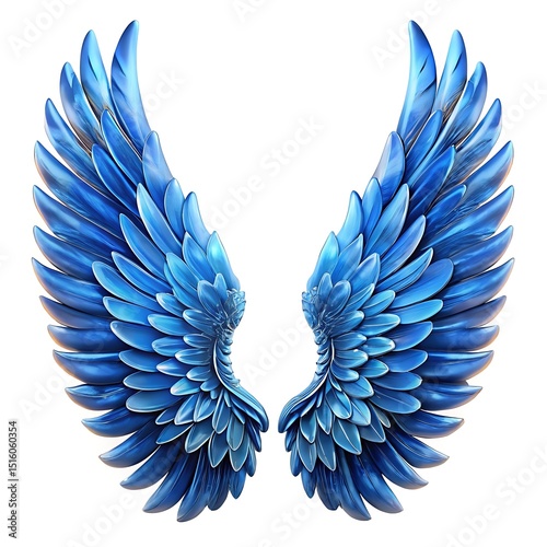 Pair of majestic blue angel wings isolated on white background, featuring intricate feather details and a celestial, ethereal design