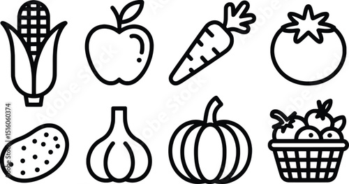 Fresh farm vegetables and fruits line art icons