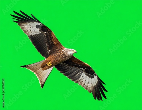 Red kite soaring against green background