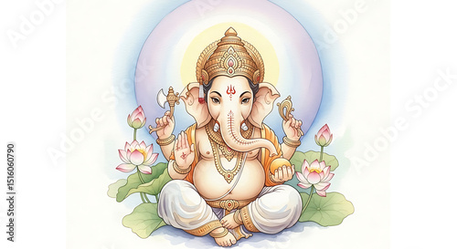 Watercolor Ganesha with Lotus Flowers – Divine Spiritual Art