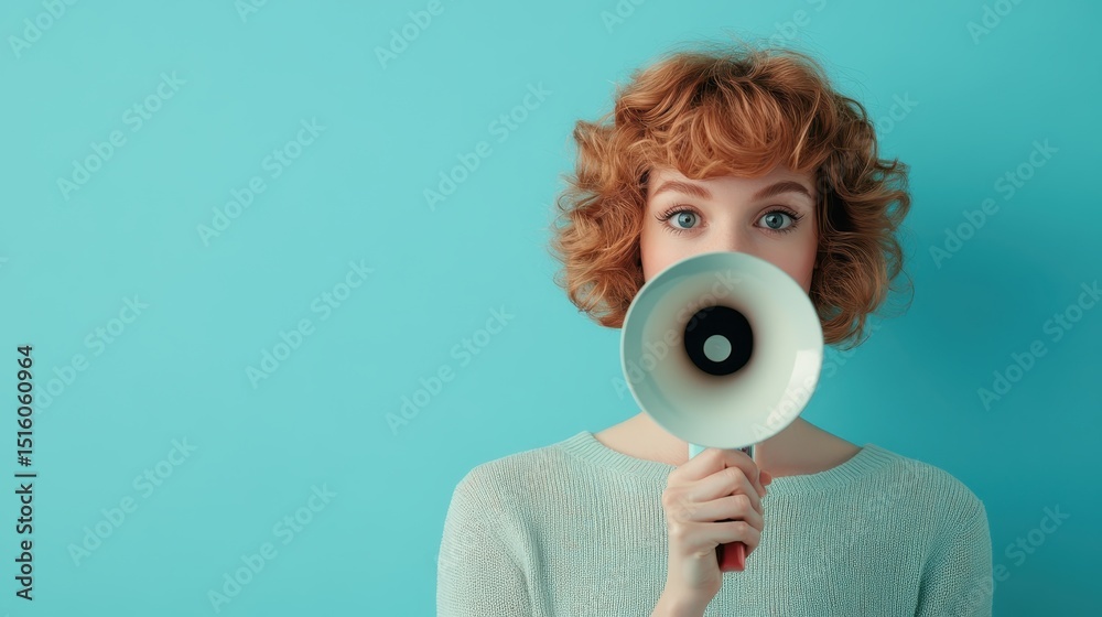 Naklejka premium A curly-haired woman holds a megaphone against a bright blue background, symbolizing communication and expression in a vibrant contemporary setting with playful energy.