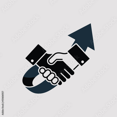 Partnership and success symbolized by handshake and upward arrow on a clean background representing growth and collaboration
