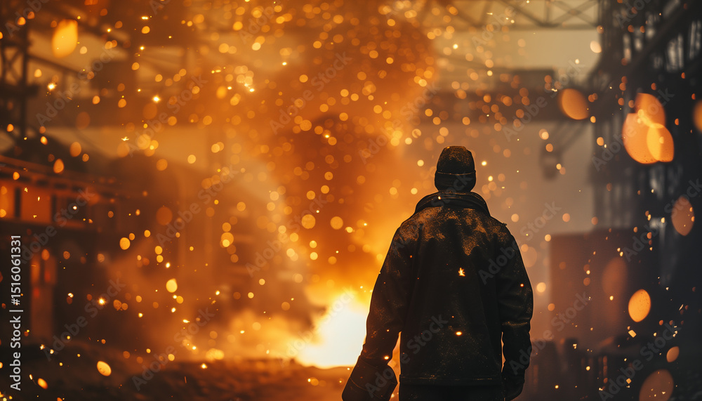 Fototapeta premium silhouettes of metallurgist with fire and sparks background in the black workshop
