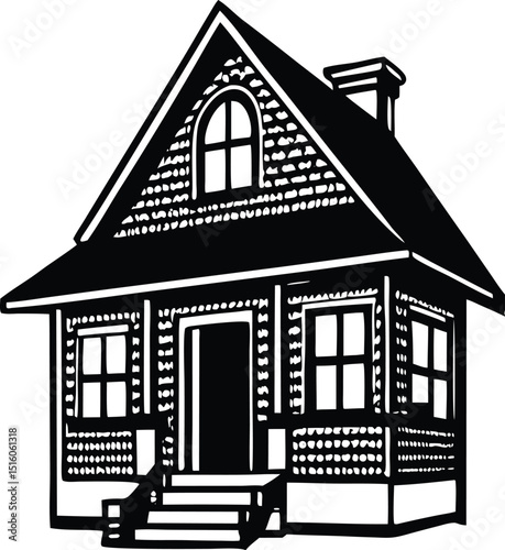A black and white illustration of a small suburban house with a steeply pitched roof and a chimney