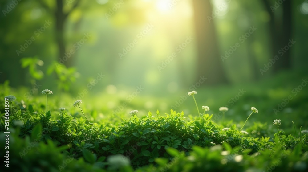 Fototapeta premium Sunny green grass thrives in a vibrant summer meadow, fresh with morning dew