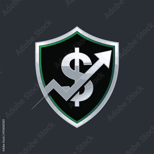Financial growth and security concept represented by a shield symbol with dollar sign and upward arrow indicating investment success and profitability in business