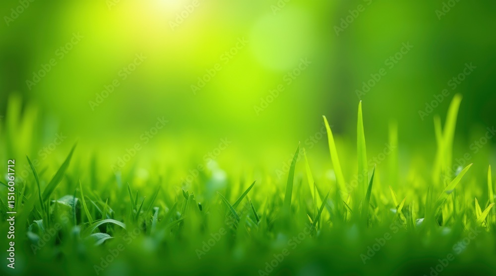 Obraz premium Fresh green grass in a vibrant summer meadow with dew drops under a clear sky