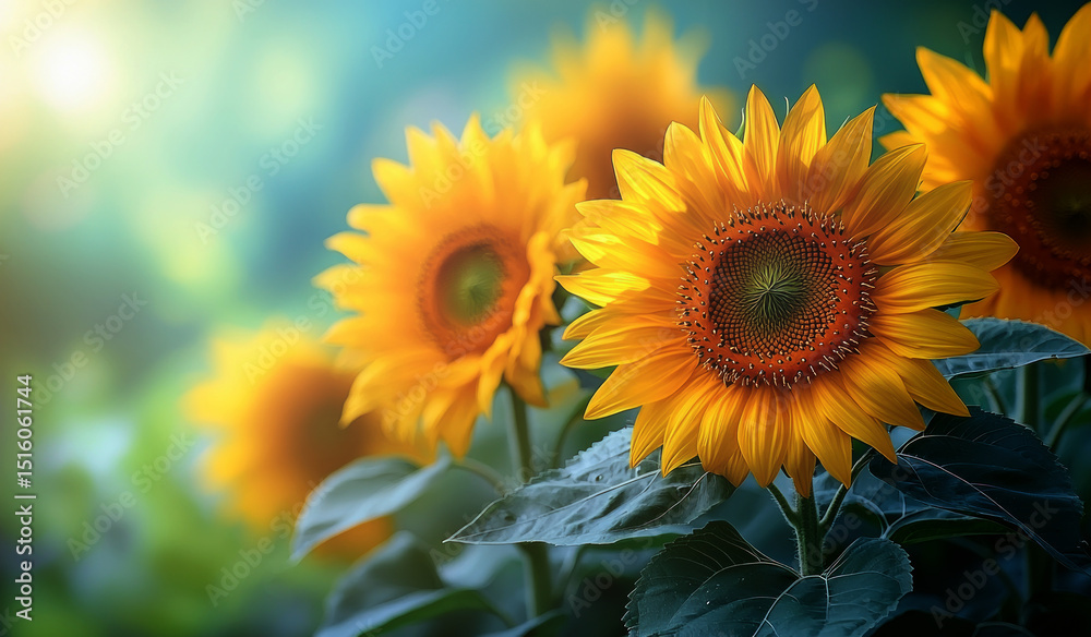Obraz premium Closeup of blooming sunflowers with vibrant yellow petals and green leaves in soft morning light and blurred background Generative AI