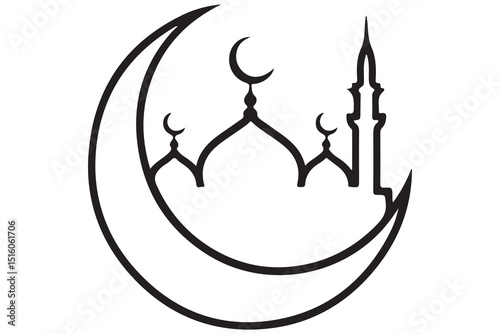Mosque and crescent moon silhouette on white background
