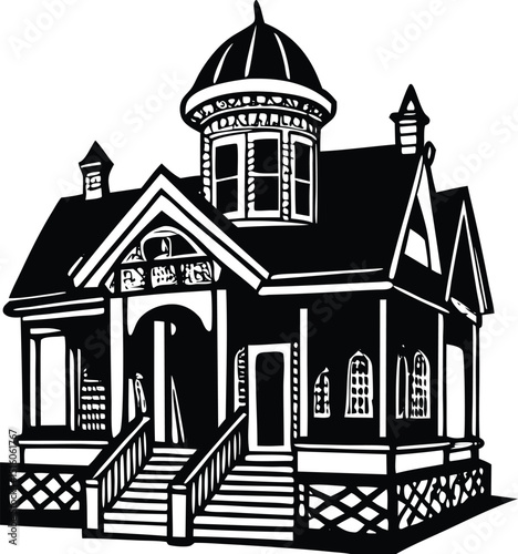 Black and white illustration of a victorian style house with a cupola