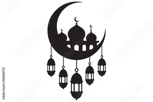Mosque and crescent moon silhouette on white background
