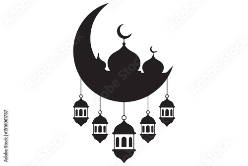 Mosque and crescent moon silhouette on white background
