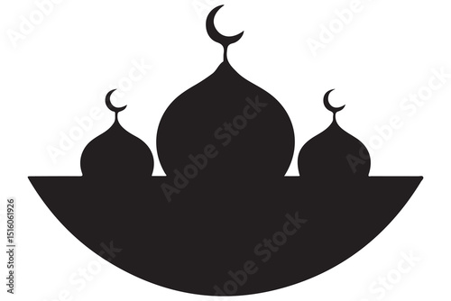 Mosque and crescent moon silhouette on white background
